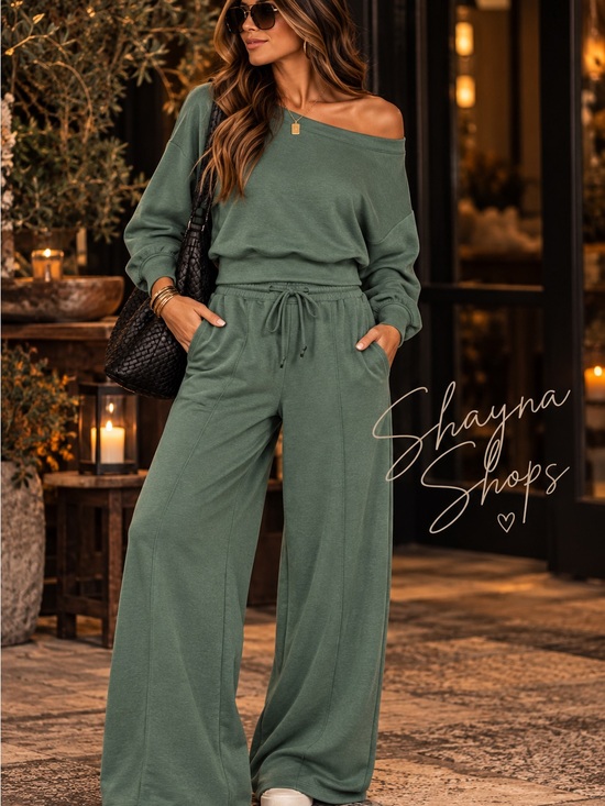 Zenana Outfitters Pants - Zenana DK Forest Scuba Cropped Boat Neck Pullover & Wide Leg Pants Set